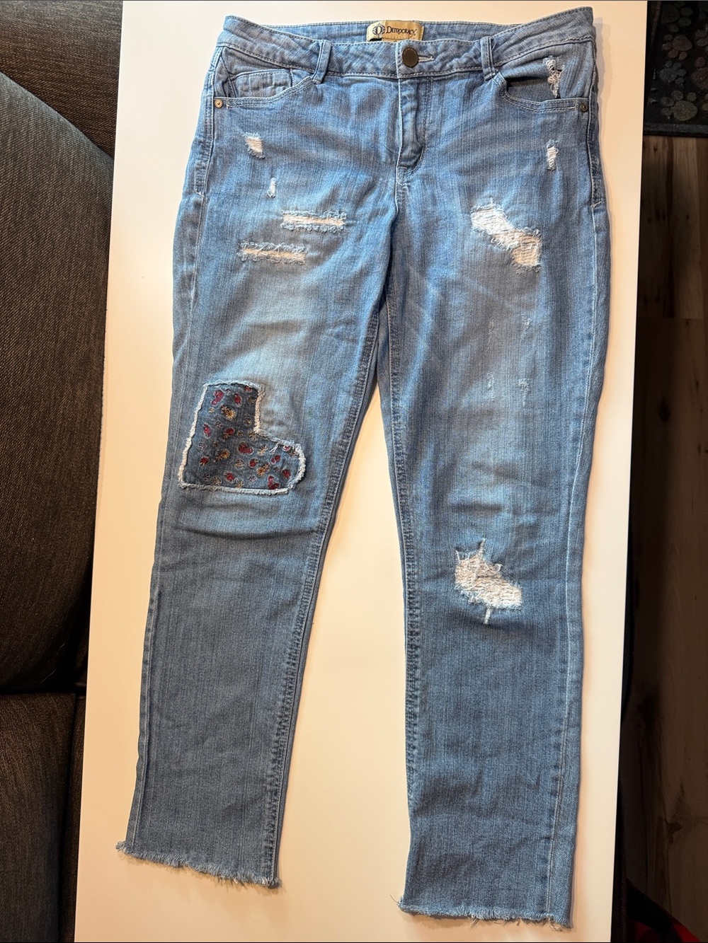 Democracy Light Blue Distressed Ankle Patch Jeans
